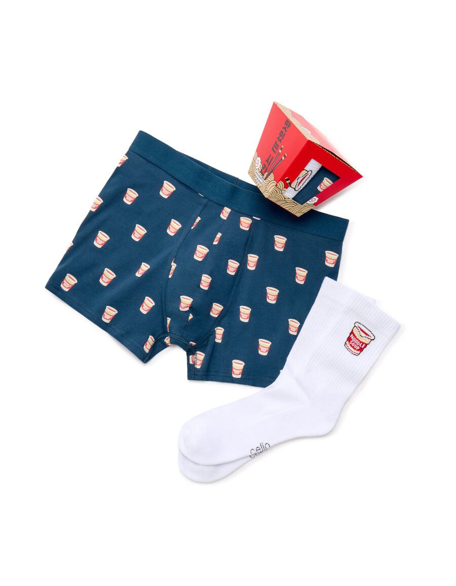 blaues weihnachtsnudel-boxershorts- und socken-duo-geschenkset