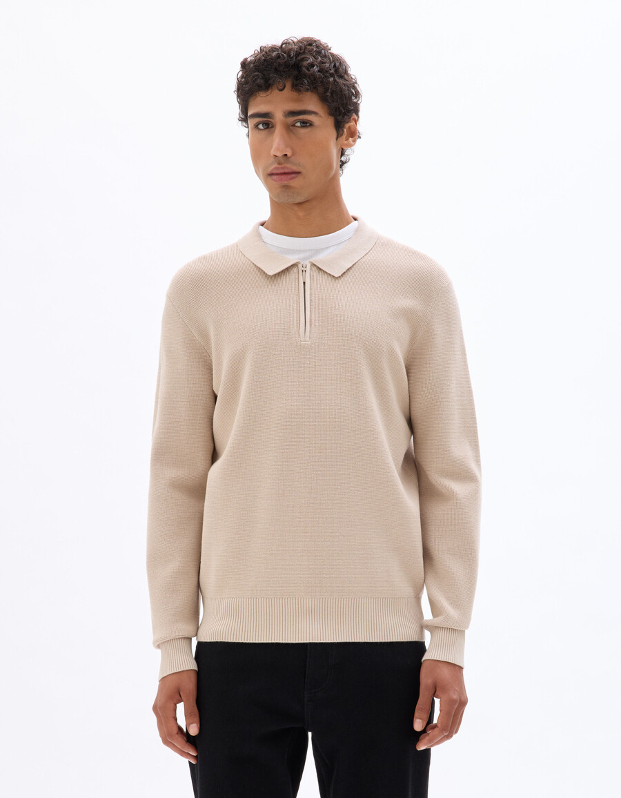 polopullover mit waffelstruktur und reißverschluss