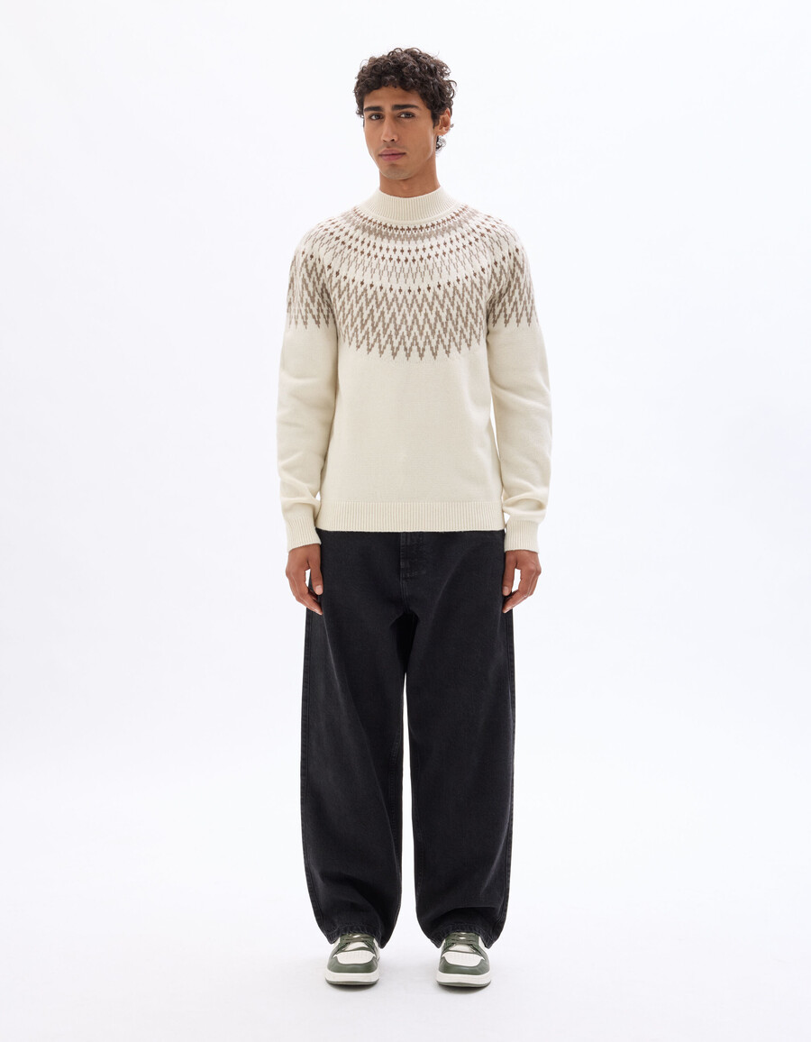ecrufarbener jacquard-pullover aus wollmischung