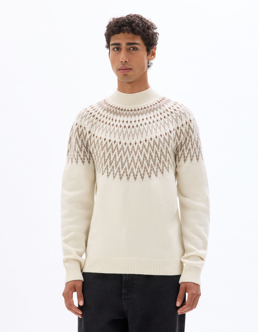 ecrufarbener jacquard-pullover aus wollmischung
