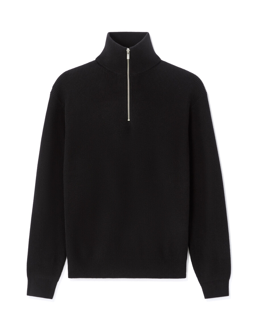schwarzer gerippter rollkragenpullover mit reißverschluss