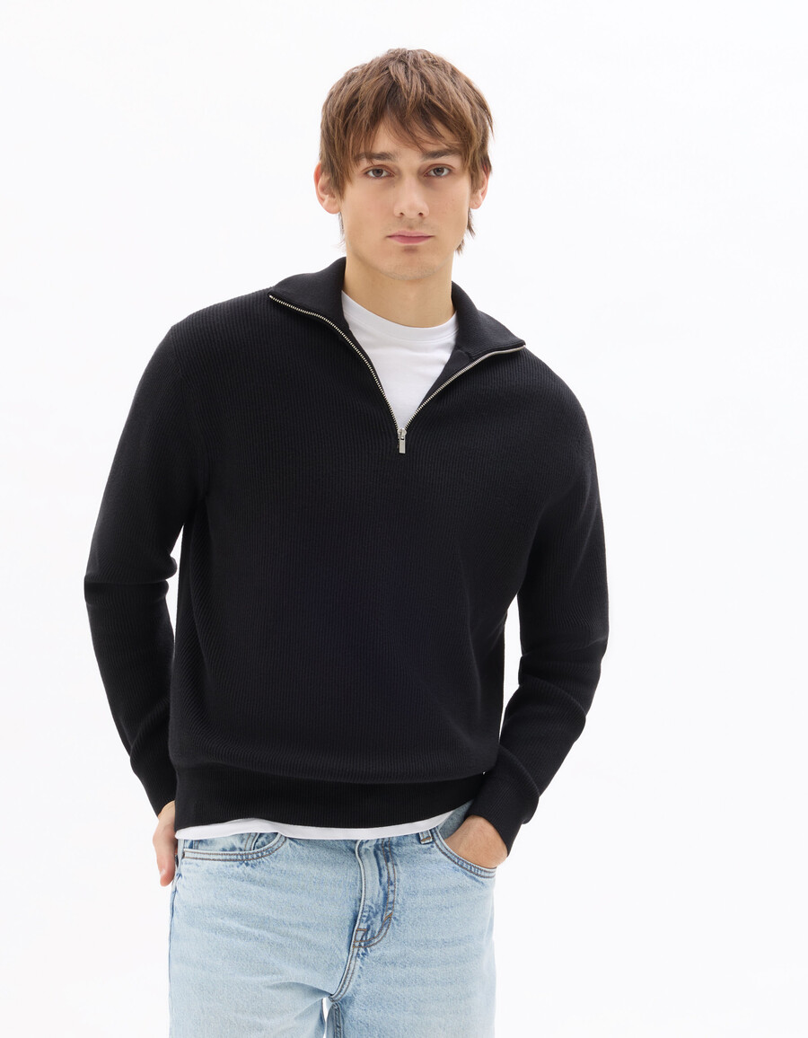 schwarzer gerippter rollkragenpullover mit reißverschluss
