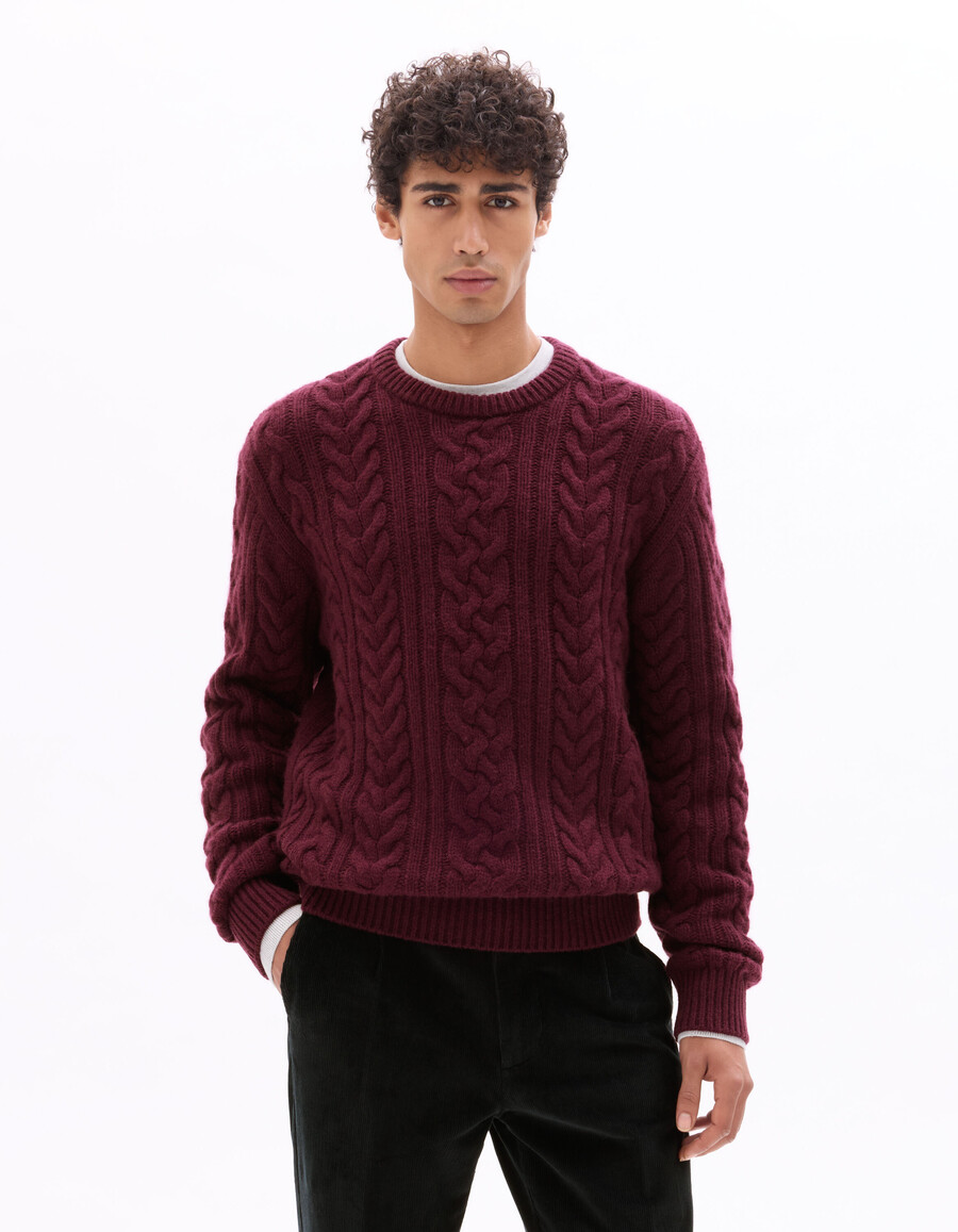zopfstrickpullover mit rundhalsausschnitt aus wollmischung