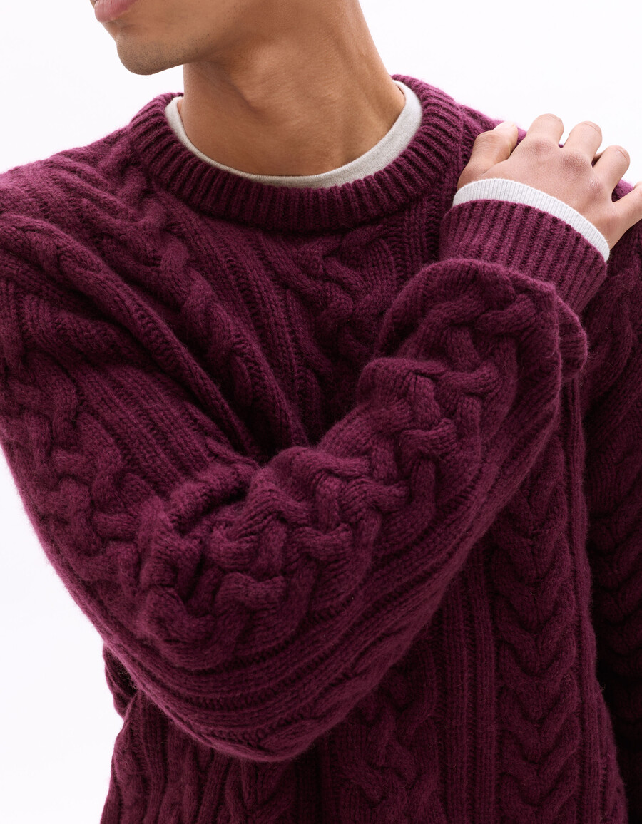 zopfstrickpullover mit rundhalsausschnitt aus wollmischung
