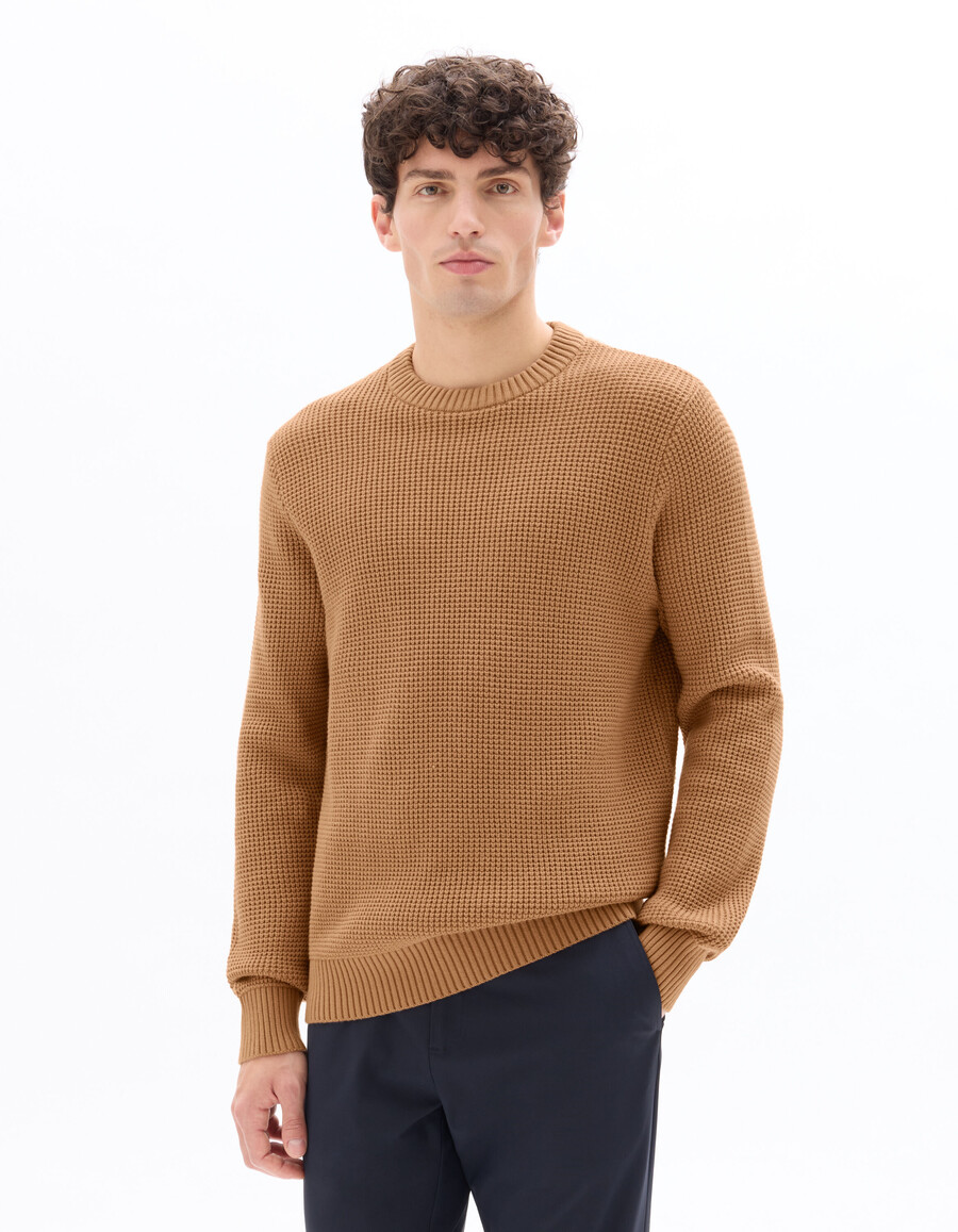 regular fit waffelstrickpullover mit rundhalsausschnitt aus baumwollmischgewebe