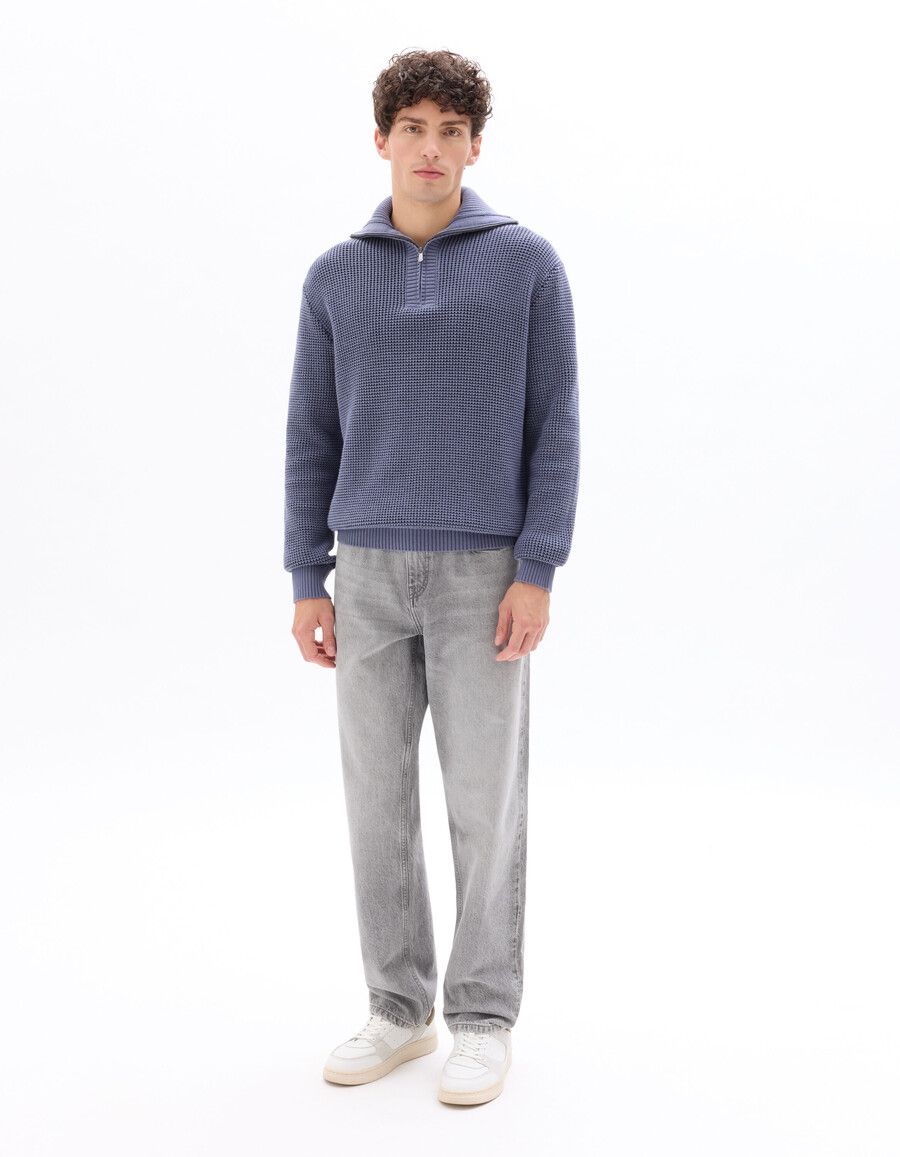 waffelstrickpullover mit reißverschluss am kragen und lockerer passform