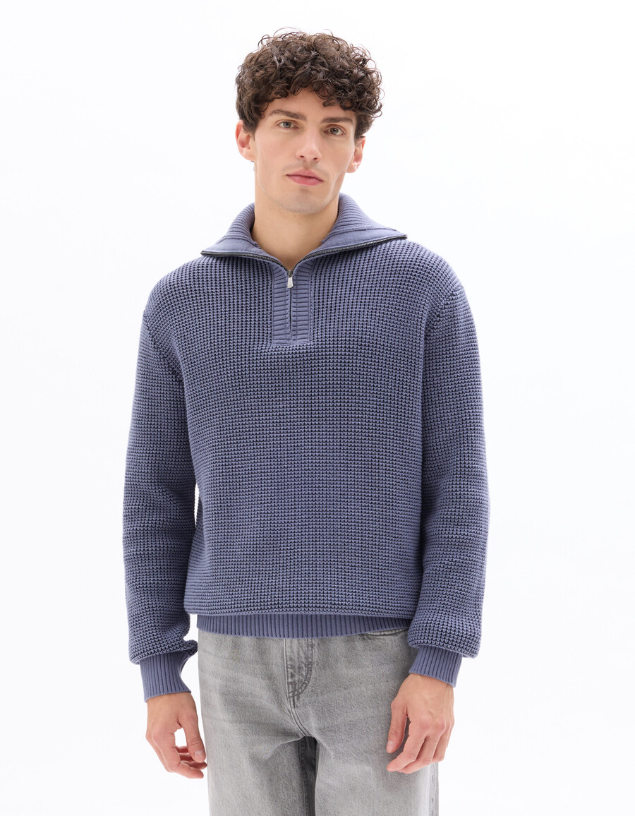 waffelstrickpullover mit reißverschluss am kragen und lockerer passform