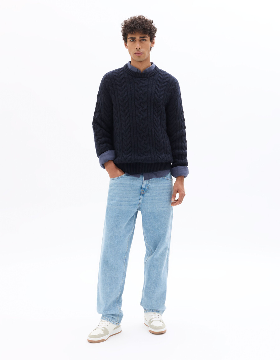 rundhals-zopfstrickpullover aus wollmischung