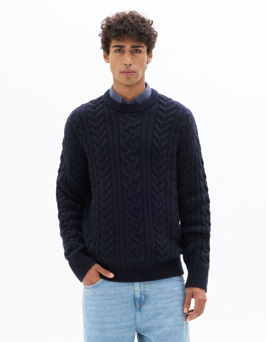 rundhals-zopfstrickpullover aus wollmischung