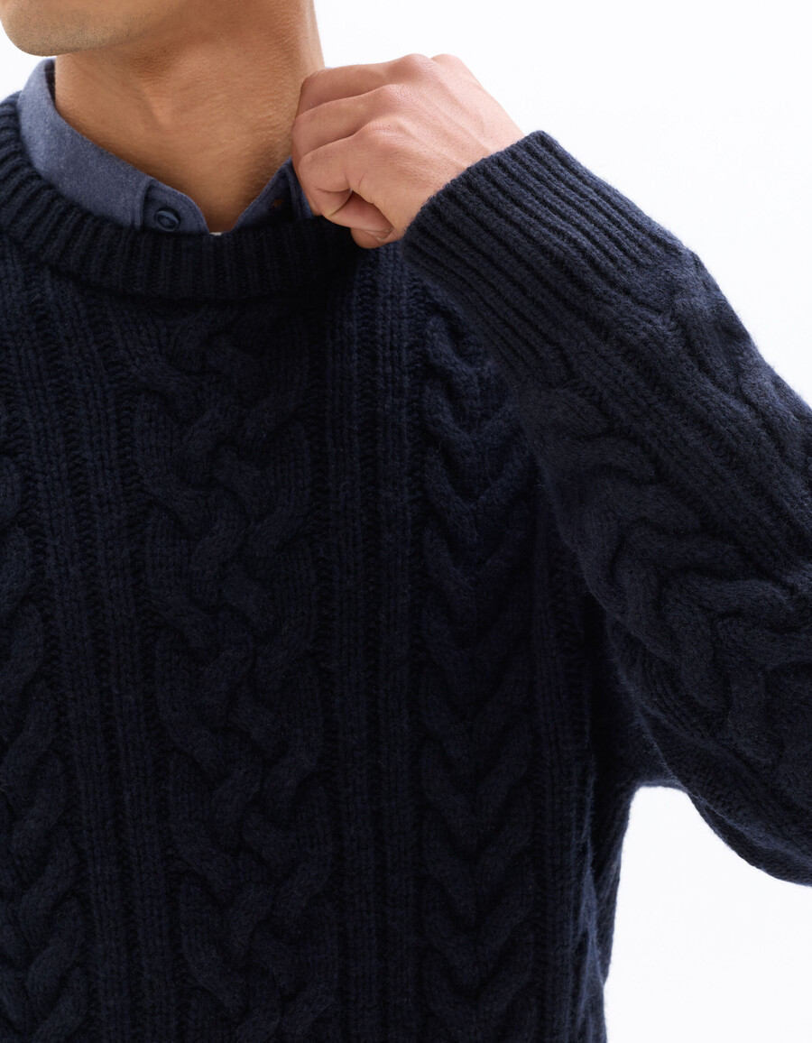 rundhals-zopfstrickpullover aus wollmischung