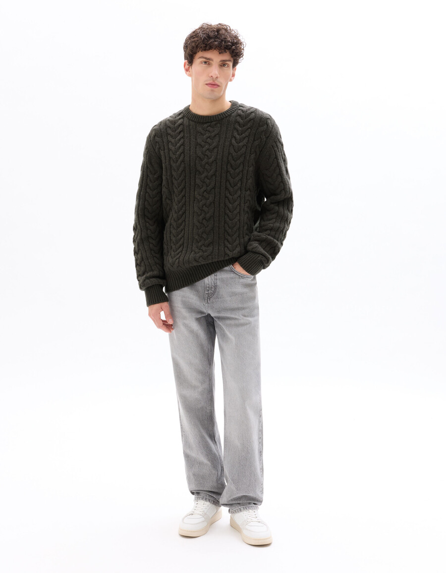 rundhals-zopfstrickpullover aus wollmischung