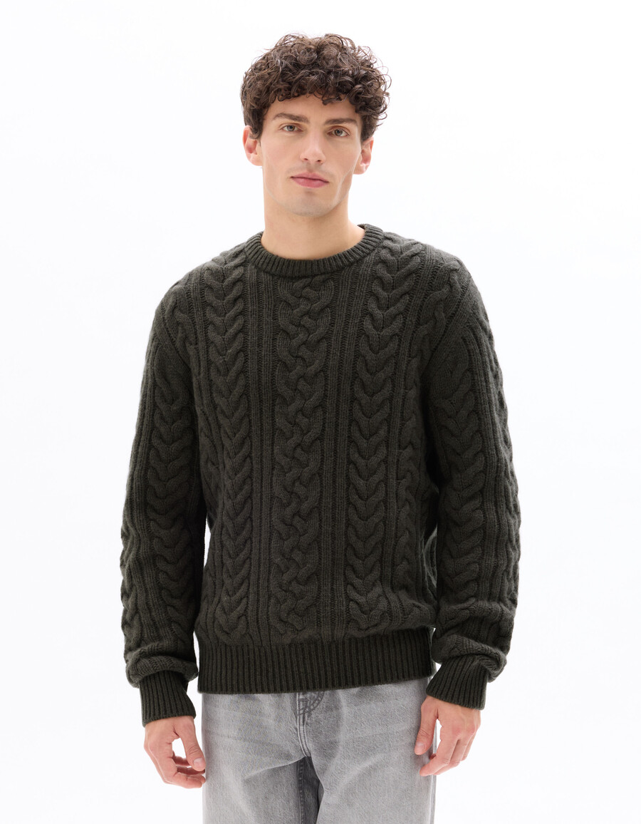rundhals-zopfstrickpullover aus wollmischung