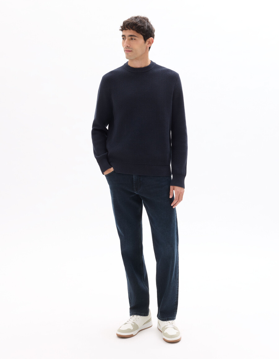 regular fit waffelpullover mit rundhalsausschnitt aus baumwollmischgewebe