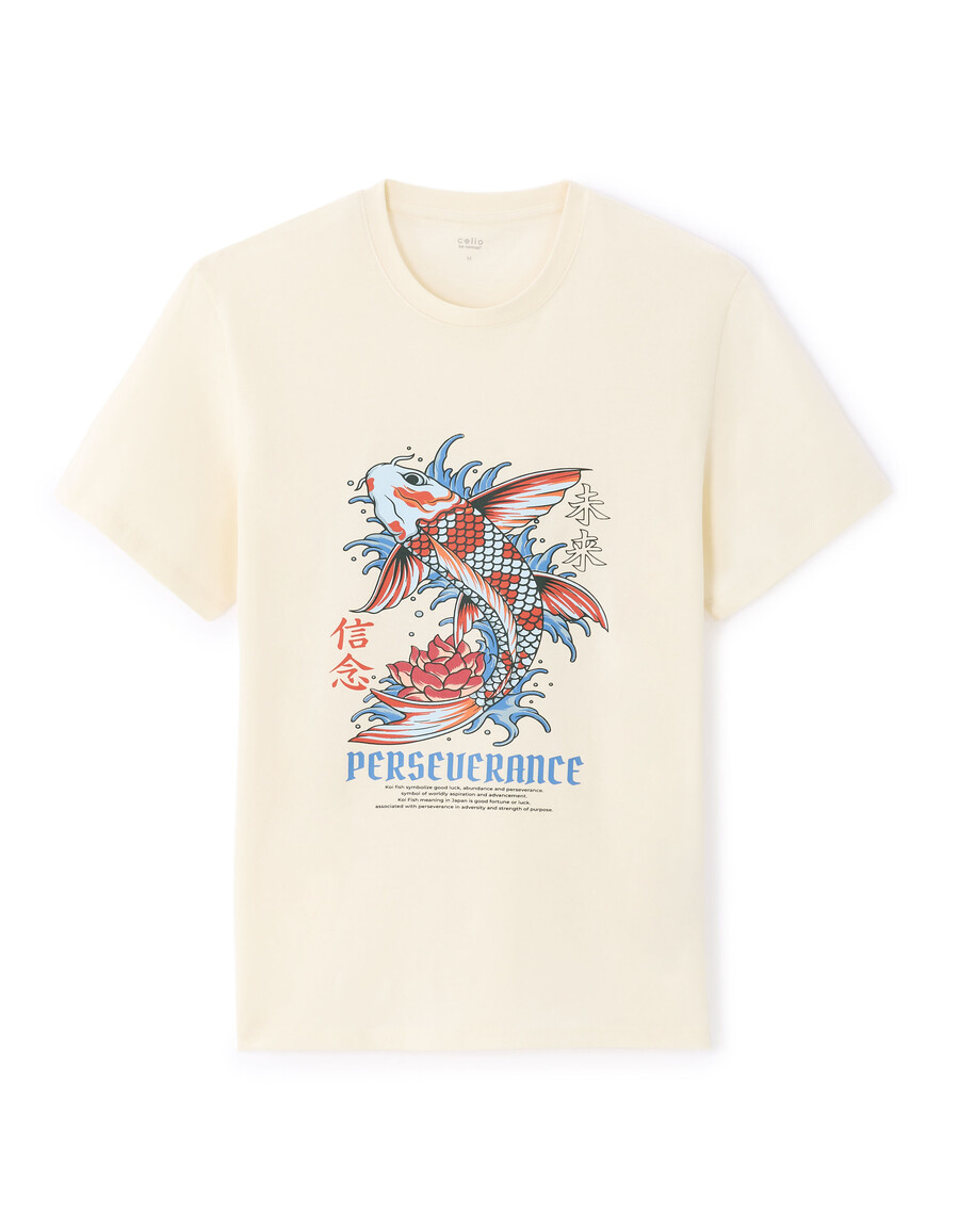 normal geschnittenes t-shirt mit rundhalsausschnitt 100 baumwolle asiatischer print