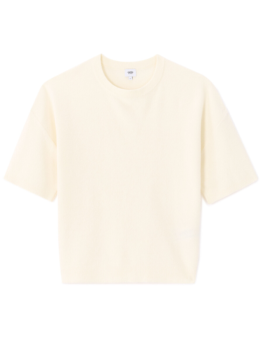 kastenförmiges bouclé-strick-t-shirt mit rundhalsausschnitt